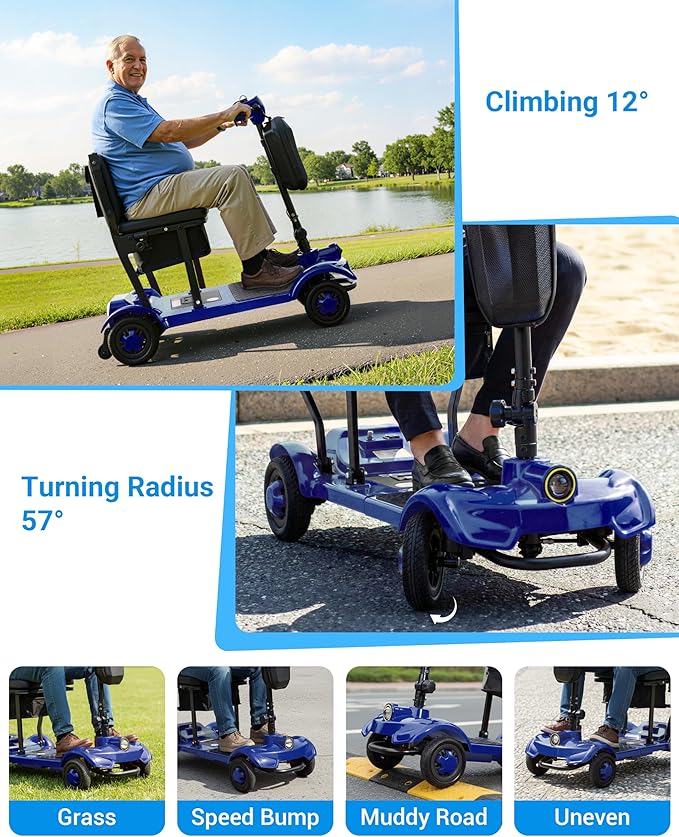 GoldSeason Airline & Cruise Approved Lightweight Mobility Scooter, Portable Foldable Electric Scooter for Seniors/Adults/Elderly/Handicap, 330 lbs Capacity, Compact Travel Scooter with Seat, Blue
