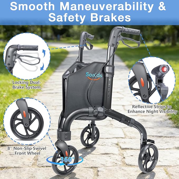 3 Wheel Walkers for Seniors with Bag and Hand Brakes, Lightweight Foldable Rollator with Swivel Front Wheel, Adjustable Height, Compact Mobility Aid for Elderly, Indoor Outdoor Use (Black)