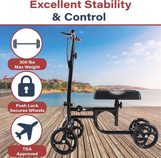 Zipr Glider Adjustable Knee Walker - Lightweight Transportable - Roller with Dual Braking - Heavy Duty Medical Knee Scooter