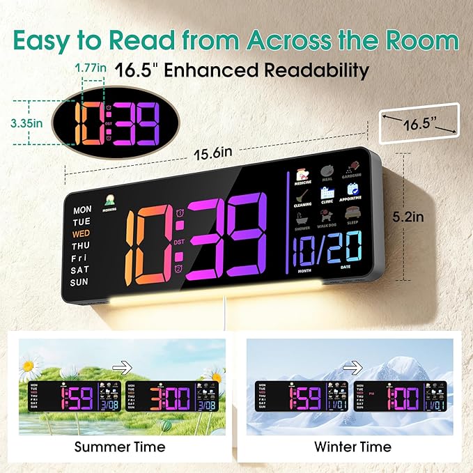 Hoifen Clock with Day and Date for Seniors, 16" Large Display Digital Calendar Dementia Wall Clock for Memory Loss with Time Periods & Task Reminders, Remote Control, Night Light, Auto Dim & DST (RGB)