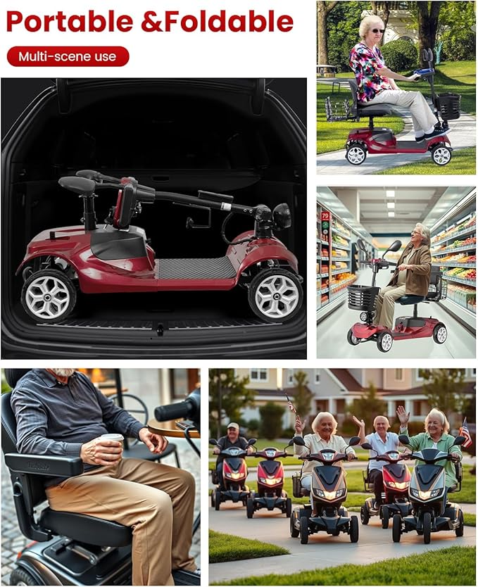 4 Wheel Mobility Scooter for Adults, All-Terrain Portable Electric Scooter, Folding Mobility Scooter with Adjustable Seat, 350W Motor, 12.5 Miles Range, Max Speed 5 Mph (Red)