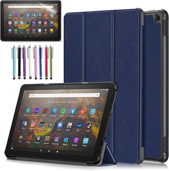 Case for Amazon Fire HD 10 Tablet 10.1" Inch Display (13th Generation, 2023 Released) - Lightweight Tri-fold Stand Cover Case + 1 Screen Protector and 1 Stylus (Navy Blue)