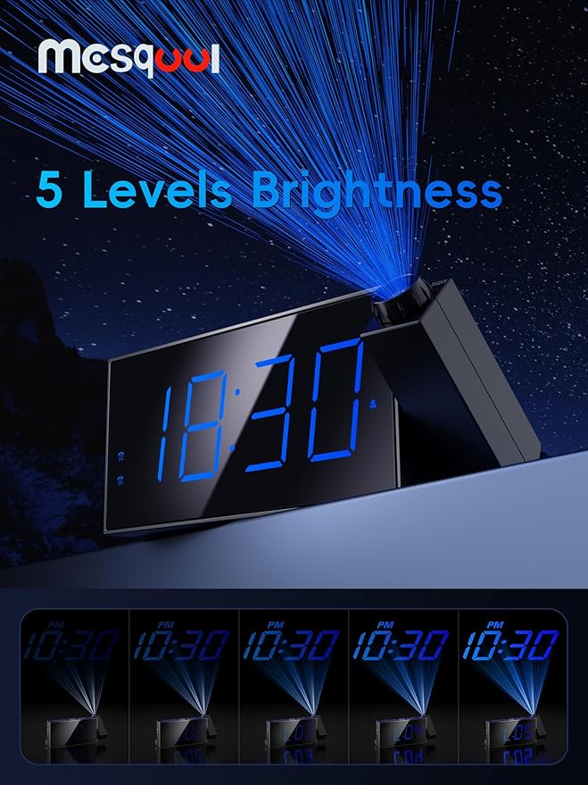 Mesqool Projection Alarm Clock, Loud Vibrating Alarm Clock for Heavy Sleepers, Adjustable Projection Brightness,Hearing Impaired & Deaf People, Digital Alarm Clock with USB Charging Port