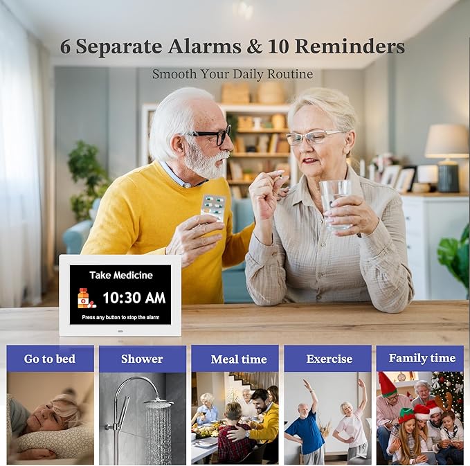 Black+White Set - 10.1'' Dementia Clock for Seniors (2-Pack), Large Digital Display with Date/Time/Day, for Elderly/Alzheimer's, HD 1280*800, 10 Reminders & 6 Alarms, Auto Dimming, Remote Control