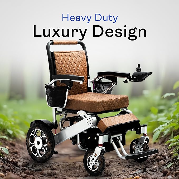 Alton Wolf Brown Leather Lightweight Foldable Electric Wheelchair, 2x250w Motor Electric Wheelchairs for Adults - Travel/user Friendly Electric Wheelchairs for Seniors, Long Range Motorized Wheelchair
