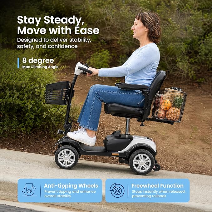 Metro Mobility 4 Wheel Electric Mobility Scooters for Adults - 300 lbs Capacity Folding Mobility Scooter for Seniors, Travel - Long Range Power Extended Battery & Easy Disassembly - White