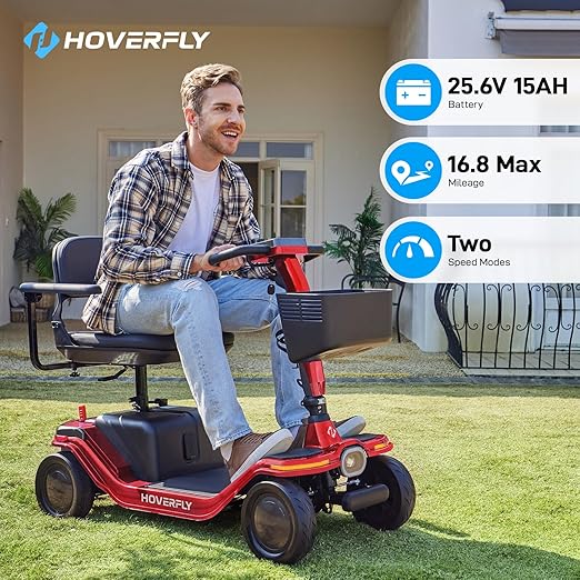 Hoverfly T5 Mobility Scooter for Seniors, Max 16.8-Mile Range & 5 mph, 3-Position Seat & Anti-Slip Rear Wheel, Removed Battery & Quick Fold Design, Solid 9" Tire&330 lb Capacity, Ease of Assembly Red