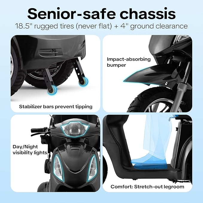 Super Large Electric 4 Wheel Mobility Scooters, Heavy Duty 800W Wheelchair Device, 25 Miles Long Range, All Terrain Mobility Scooter，Speed Adjust, Remote Key,Receive Ready to Ride (3 Wheel -Black)