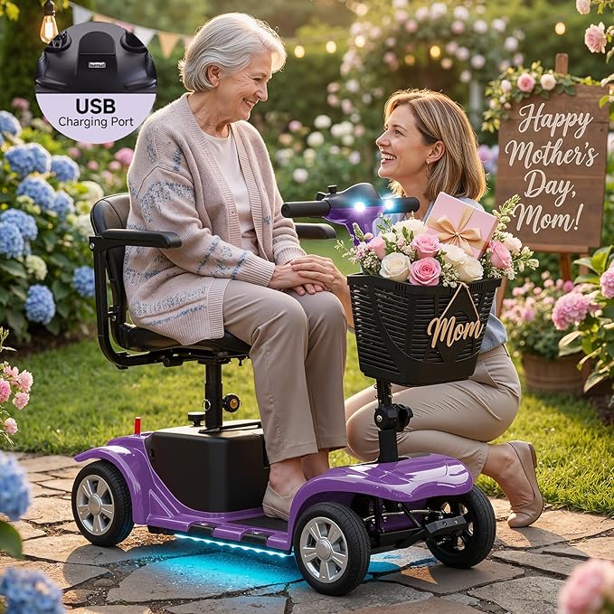 XERATH Mobility Scooters for Seniors Lightweight and Portable,Mobility Scooter with LED Headlights and Basket,lightest Foldable Mobility Scooter 4 Wheels Electric Powered Chargeable Device (Purple)
