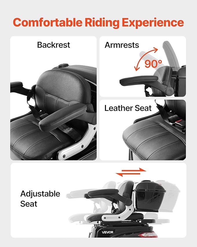 VEVOR Heavy Duty 3-Wheel Mobility Scooters for Seniors & Adults, 500lbs Capacity, 21.5 Miles 3-Speed Long Range, 1000W All Terrain Electric Recreational Scooter Wheelchair, 20° Max Climbing Capacity