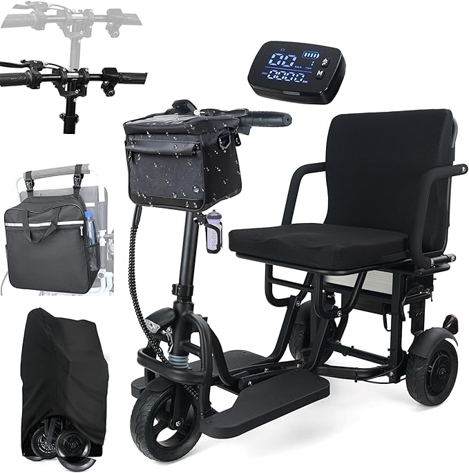 3-Wheel Folding Mobility Scooters-300 lbs Capacity, 9.3mph 20Miles Long Range Lightweight Electric Scooter for Adults & Seniors, Airline Approved Scooters, Basket, Cup Holde, Dust Cover