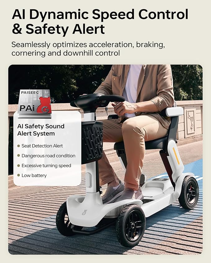 Paiseec S3 Mobility Scooter, Folding Mobility Scooters for Seniors, All Terrain Mobility Scooter, Electric Mobility Scooters for Adults, Folding Mobile Scooter, Auto Speed Control (White, S3-40 Miles)