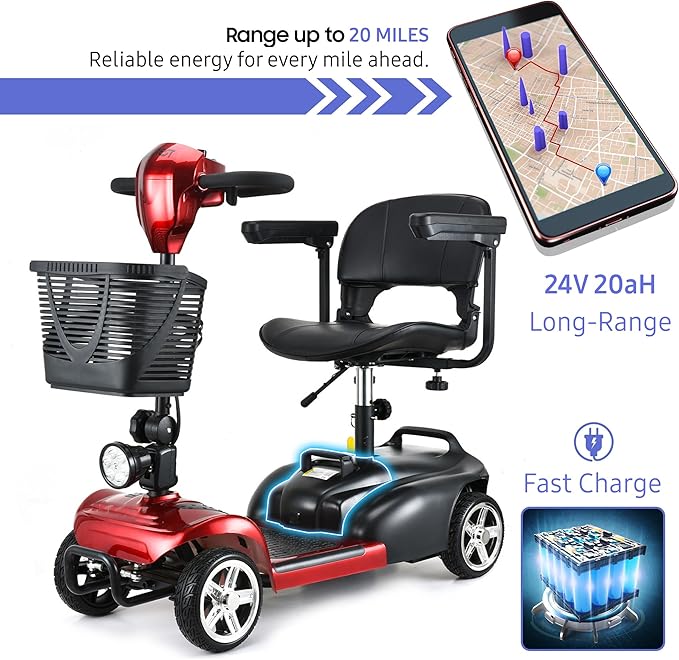 DECOMIL Mobility Scooter for Seniors – 20 Miles Range, 4 Wheel Foldable Electric Scooter, 24V 20Ah Battery, 300W Motor, 285 lbs Capacity, Travel Scooter with USB Charging Input,