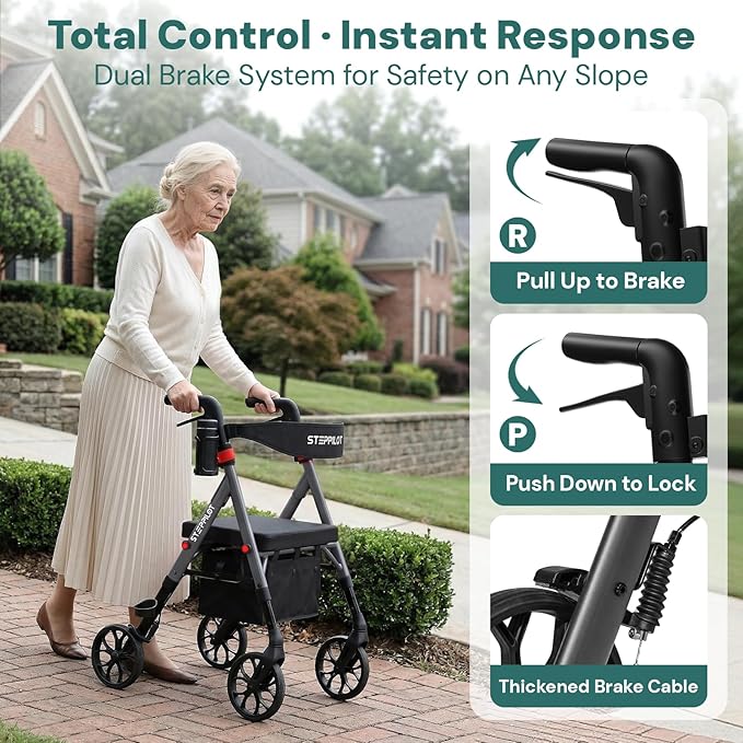 Bariatric Rollator Walker with Seat for Seniors, 500lb Capacity Aluminum Frame, Zero Wobble, 16lb Lightweight, 8" All Terrain Wheels, 10-Level Adjustable Handle/Seat, Cup Holder, Cane Clip