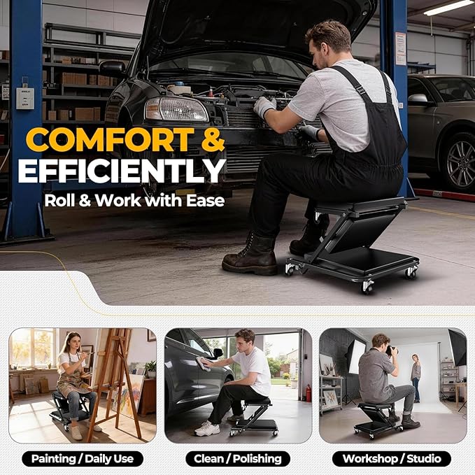 Auto Dynasty 36" Z-Creeper Seat, 2-in-1 Foldable Garage Creeper Shop Seat, 330 LBS Capacity Automotive Mechanic Repair Under Car Rolling Creeper Seat, Black