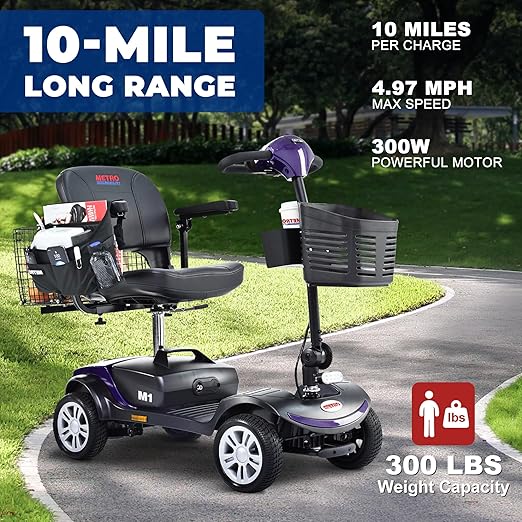 Metro Mobility 4 Wheel Powered Mobility Scooters, 300 lbs Capacity Mobility Scooters for Adults, Folding Mobility Scooter Lightweight, Electric Scooters for Seniors 10 Miles Range LED Light Purple