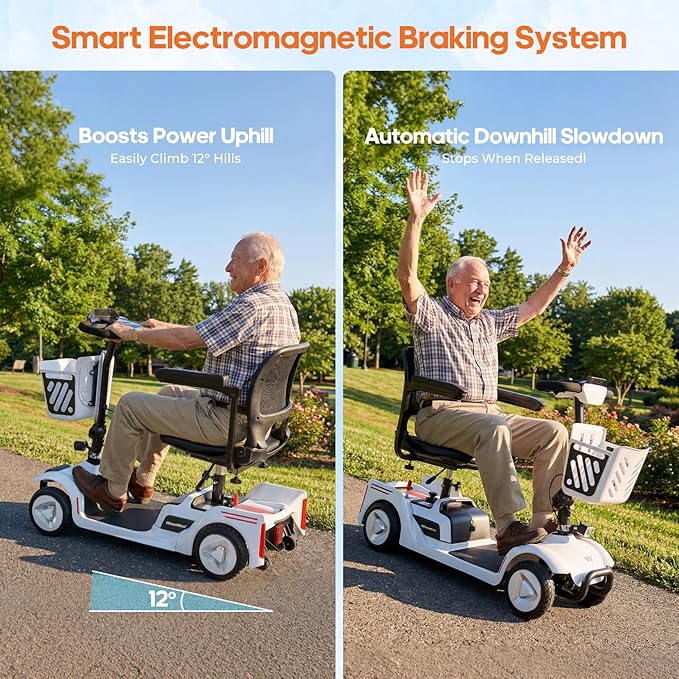 Foldable Mobility Scooter for Seniors & Adults - 4 Wheel Travel Scooter with NFC Smart Unlock, 15 Mile Range, 300 lbs Capacity, Compact Heavy Duty Mobile with Removable Battery & Basket, White