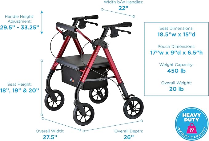 NOVA Star 8 Petite Heavy Duty Bariatric Rollator Walker, Large Padded Seat, 450lb Capacity, 8” Rugged All-Terrain Wheels, Easy-Grip Locking Hand Brakes, Fold Lock, Height Adjustable, Red