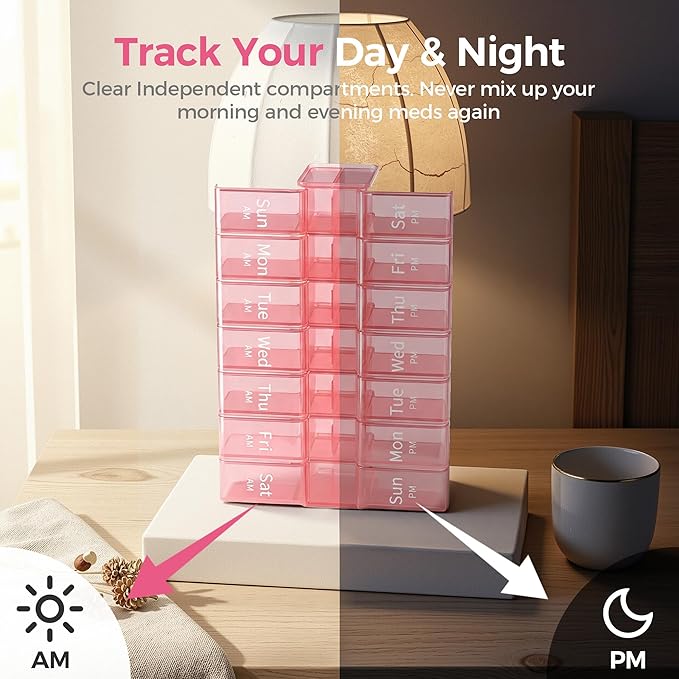 Betife Extra Large Pill Organizer 2 Times a Day, XXL Pill Box 7 Day with AM PM Large Compartments, Daily Medicine Case, Jumbo Weekly Pill Holder for Fish Oils, Vitamins & Supplements（Pink）