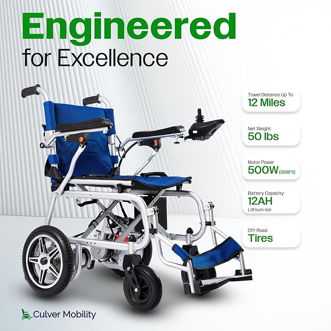 Culver Artemis Pro Lightweight Foldable Electric Wheelchairs for Seniors - 2x250W Motor Power Wheelchair - Long Range Travel/User Friendly Electric Wheelchairs for Seniors (Blue)