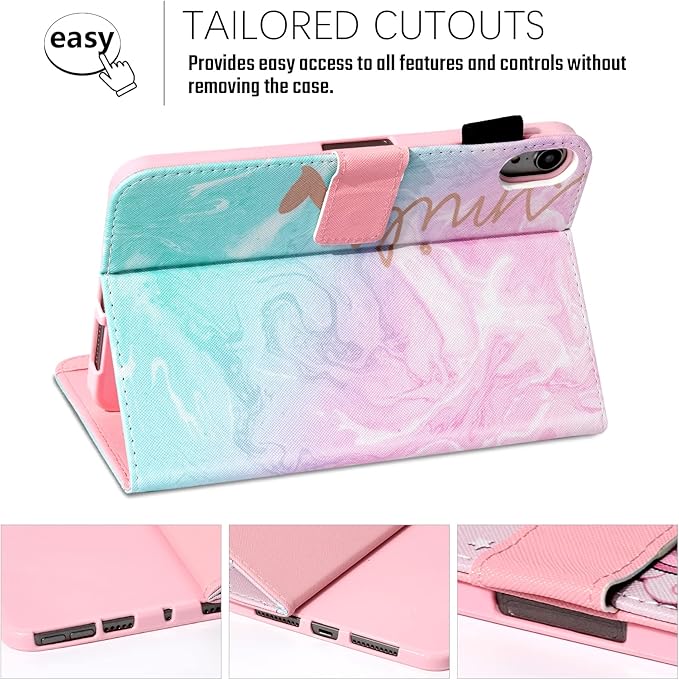 Dteck for iPad mini 8.3" (A17 Pro), Mini 6th Gen 8.3-inch Smart Folio Case with Auto Sleep Wake, Stand, Card Slots, Elastic Stylus Pen Loop Holder, PU Leather Protective Cute Flip Cover, Pink Mint