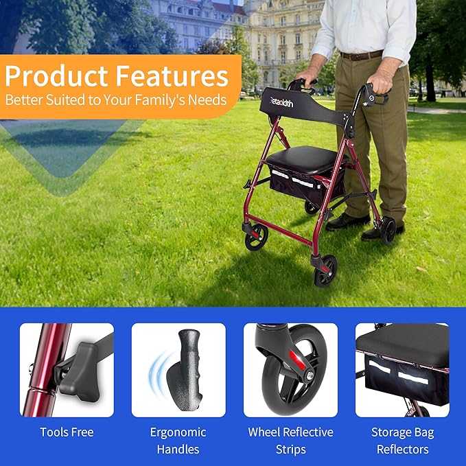 Rollator Walkers for Seniors with Seat, Foldable & One-Hand Carry, Upgraded Rolling Walker with Seat for Seniors, Handles Height Adjustable Rolling Walker for Seniors, Walking & Seated Rest, Red