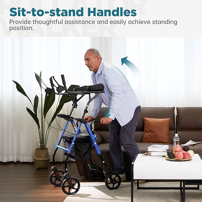 ELENKER Upright Walker, Stand Up Rollator Walker with Padded Seat and Backrest, Lightweight, Compact Folding, Fully Adjustment Frame for Seniors, Blue