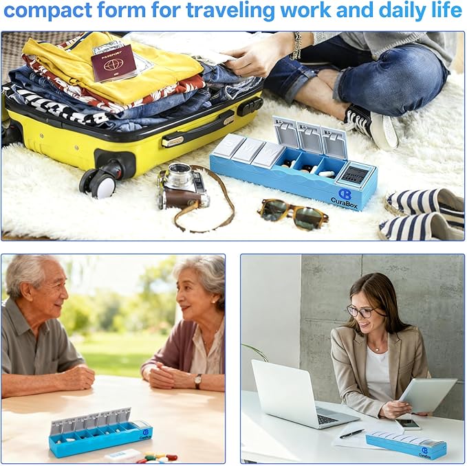 Weekly Medicine Pill Organizer with Alarm BPA Free 7-Day Travel Pill Dispenser with Auto-Learning Habit Sensor, Clear LCD, Rechargeable, Portable, Large Compartment for Vitamin, Supplements, Fish Oil