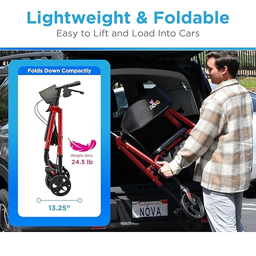 NOVA Star 8 Foldable Rollator Walker for Seniors, 400 lb Weight Capacity, Wide Padded Backrest with Seat, 8” All-Terrain Wheels, Easy-Grip Locking Hand Brakes, Height Adjustable, Red