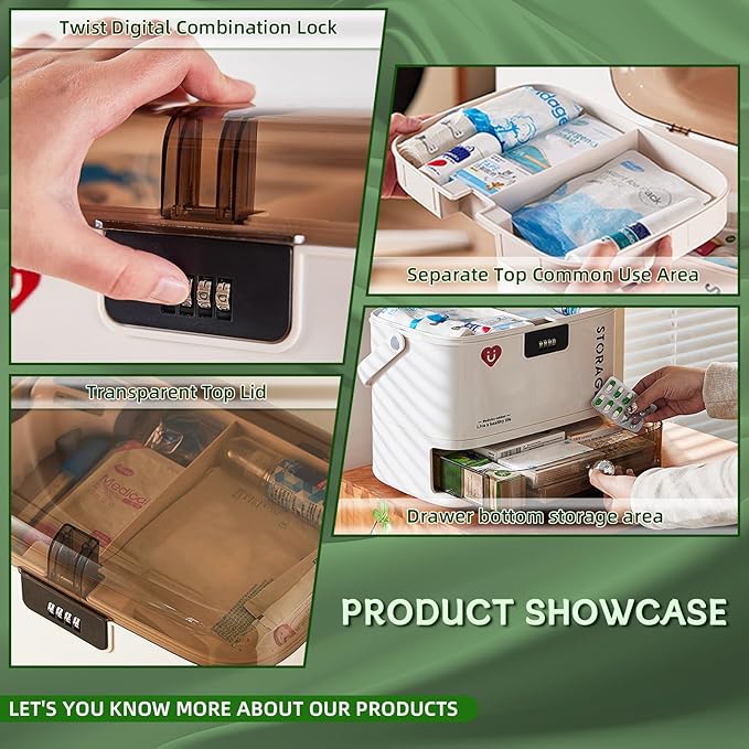 3 Tier Portable Medicine Storage Box with Lock and Drawer, Plastic Medical Case with Handle, Child Proof Safe, for Travel, Home, Bathroom to Organize Pills & Vitamins