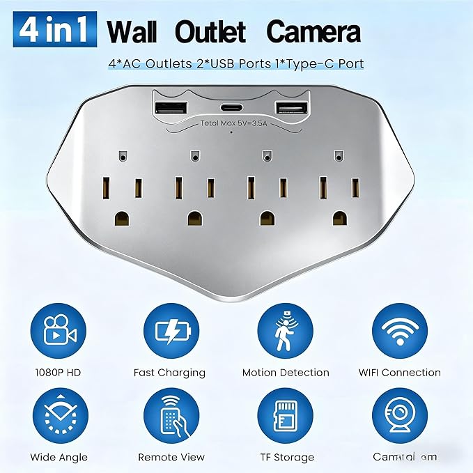 1080P WiFi Security Camera Wall Outlet - Mini Indoor Nanny Cam with Local SD Card Storage（SD Card not Included）, 120° Wide Angle, No Battery Needed Plug-in Camera for Baby/Pet/Home Security