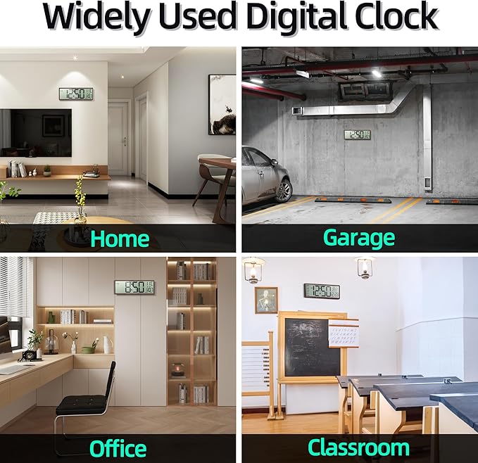 Digital Wood Wall Clock with Battery Operated, 15" Digital Clock Large Display with Date and Day of Week, Large Number with Temperature, Auto DST, Alarm, Snooze, 12/24-hour for Desk Office