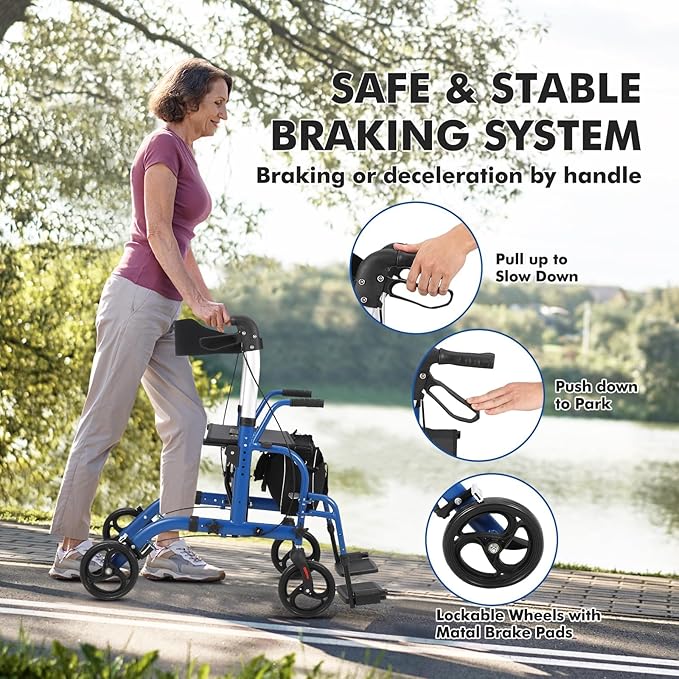 Walker for Seniors,Folding Walker and Transport Wheelchair Combo for Seniors - Lightweight Aluminum All-Terrain Rollator with Seat, Backrest, Hand Brakes & Footrests