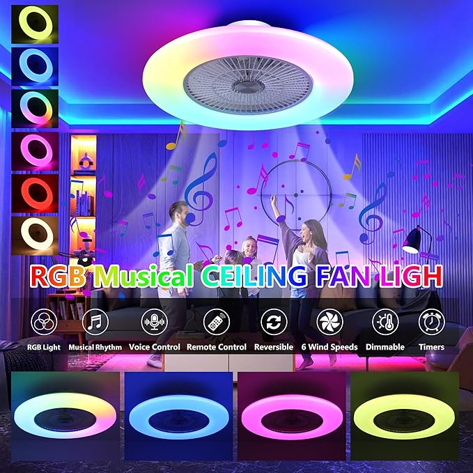 24" RGB Low Profile Ceiling Fan with Main Light, Bladeless Flush Mount Ceiling Fan with APP/Voice/Remote Control, Quiet 6-Speed Reversible DC Motor, Dimmable LED, White