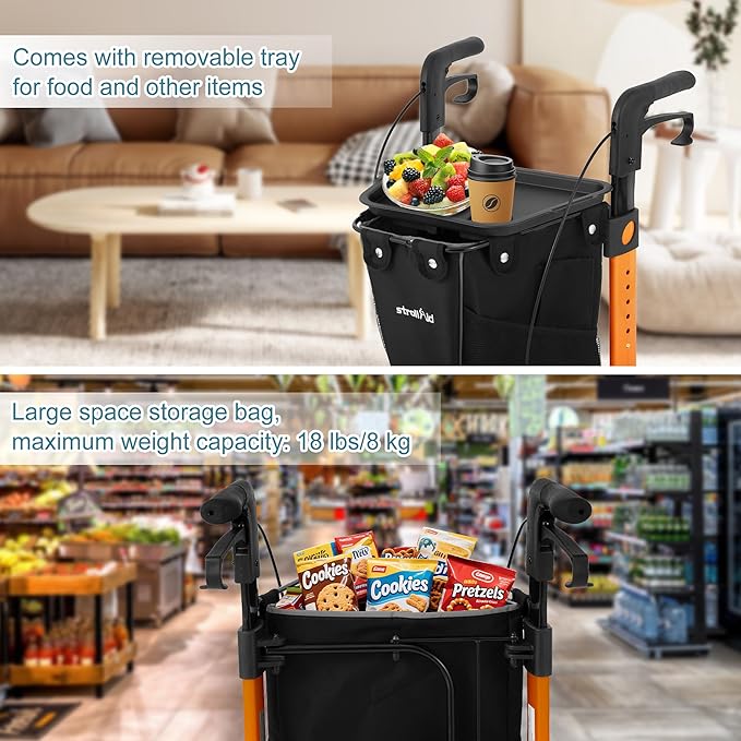 3 Wheel Walkers for Seniors, Foldable Rollator Walker with Tray & Large Storage Bag, 10" Big Wheel for All Terrain, 350 lb Weight Capacity, Orange