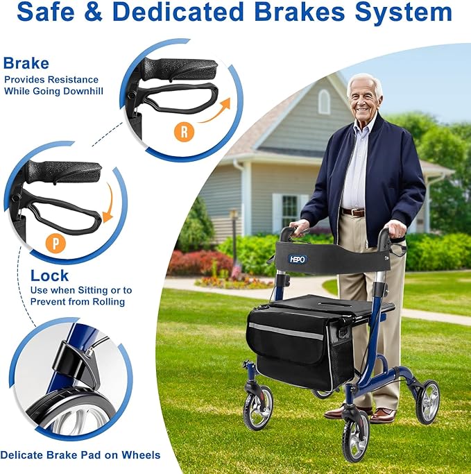 HEPO Rollator Walkers with Ergonomic Seat for Seniors,Foldable Rolling Walker with 8" All Terrain Wheels, Handles and Brakes for Seniors and Adult