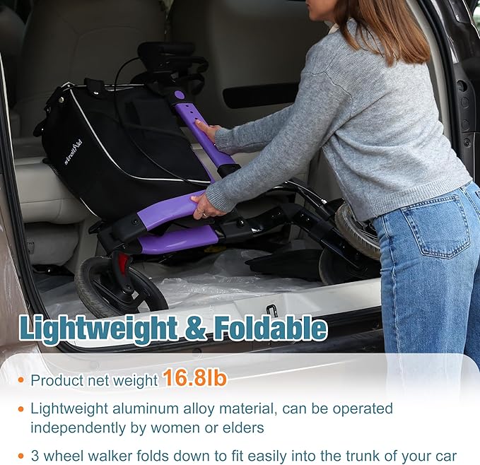 3 Wheel Walkers for Seniors, Foldable Rollator Walker with Tray & Large Storage Bag, 10" Big Wheel for All Terrain, 350 lb Weight Capacity, Purple