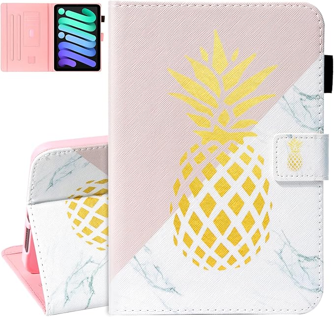Dteck for iPad mini A17 Pro/A15 Bionic Case 8.3" 7/6th Generation 2024/2021 Release, PU Leather Protective Case with Auto Sleep Wake & Adjustable Stand, Lightweight Cute Folio Cover, Pineapple Marble