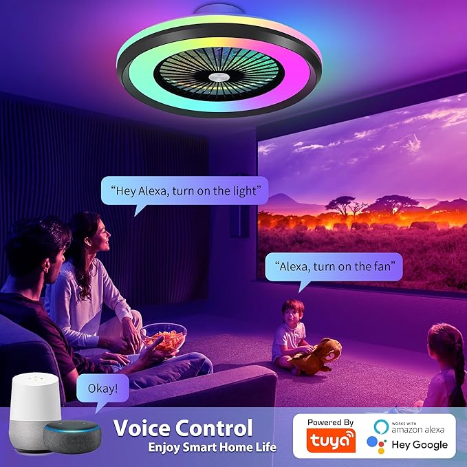 24" Bladeless Ceiling Fans with Lights and Remote/APP/Voice Control, Low Profile Ceiling Fans with with Alexa, Smart Modern Ceiling Fan Dimmable LED Light 6 Speeds Timing Reversible