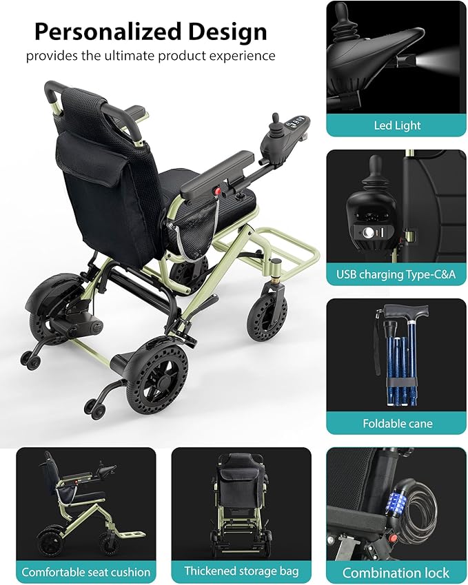 33 lb Lightweight Electric Wheelchairs for Adults & Seniors, 15 Miles Range Portable Foldable Motorized Wheelchairs, 360W All Terrain Power Wheelchair, 330 lb Capacity, w/Bonus Cane & Lock