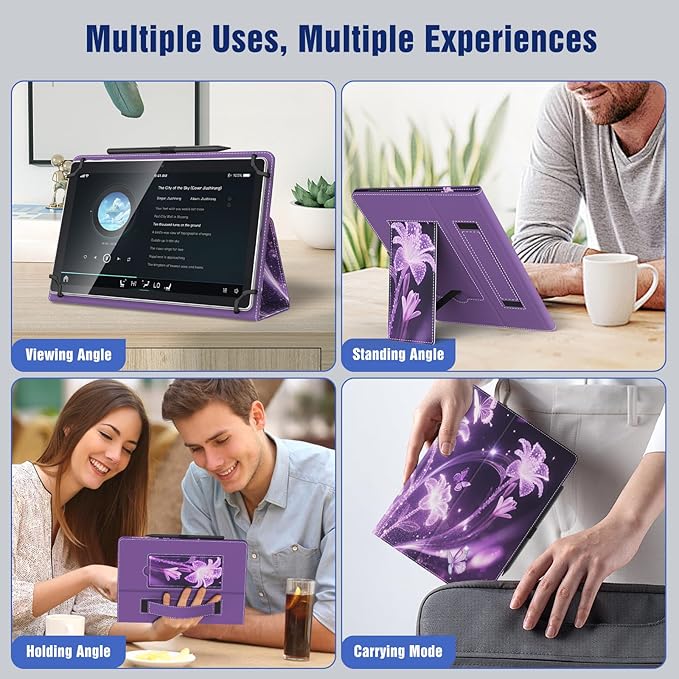TiMOVO Universal Case for 10.1 Inch Android Tablet with Pen Loop, Lightweight Folding Stand Cover with Hand Strap for All 9.6"-11" Touchscreen Tablet, Flowers on Purple