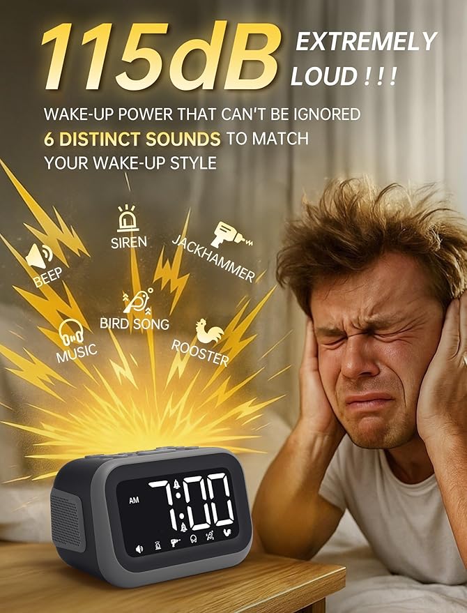 Acedeck Super Loud Alarm Clock: 115dB Dual Alarms and 6 Alarm Sounds for Heavy Sleepers - Adult Shift Workers in Bedroom or Daily Wake-Up Use - Gray