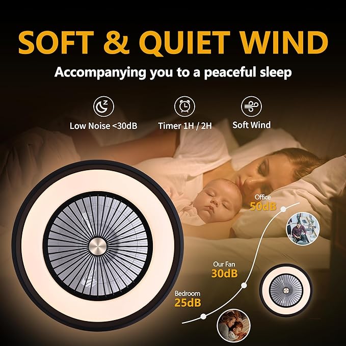 24" Low Profile Ceiling Fan with with Light, Bladeless Ceiling Fan with 3-Dimmable Light, Smart Flush Mount Ceilings Fans Lighting Remote & APP Control, 6 Speeds Timing Reversible, Black