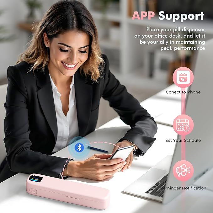 Smart Pill Dispenser with Alarm & Bluetooth, 7-Day Once-Daily Organizer & Travel Case, App-Controlled Medicine/Supplement/Vitamin Reminder, Portable Weekly Pill Box (Pink)