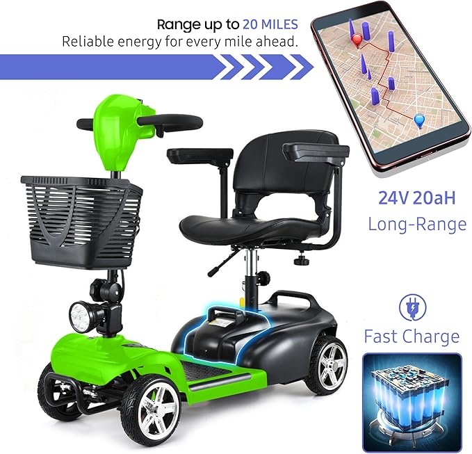 DECOMIL – Portable Mobility Scooter for Seniors, Foldable Electric Powered Scooter. Medical Travel Scooter for Adults, 4 Wheels, Lightweight and Portable (Green)