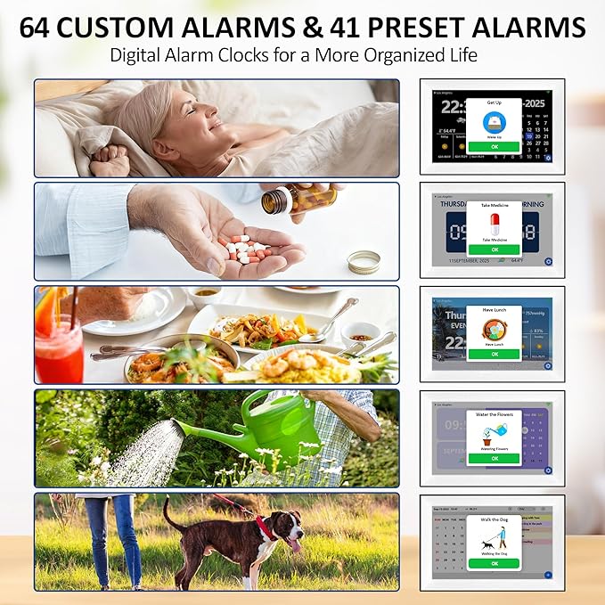 WiFi Touch Screen Digital Calendar Clock, 64 Custom Alarms, with Auto-Sync Time & Date, 7-Day Weather Forecast, Weekly Schedules Desk Clock (10.1" White)