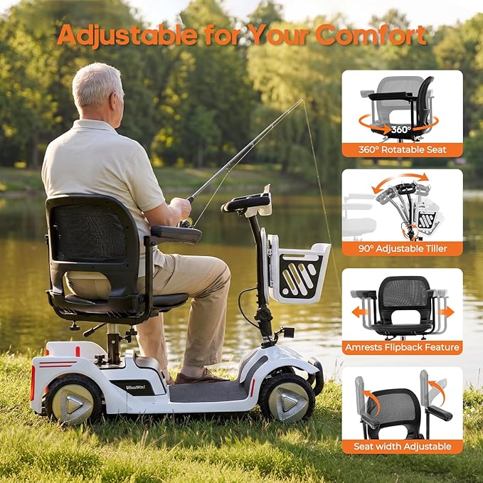 Foldable Mobility Scooter for Seniors & Adults - 4 Wheel Travel Scooter with NFC Smart Unlock, 15 Mile Range, 300 lbs Capacity, Compact Heavy Duty Mobile with Removable Battery & Basket, White