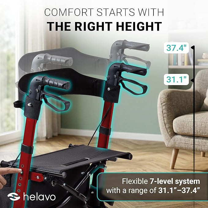 Helavo Foldable Rollator with Seat – 360° Swivel 8" Wheels, 24.8" Wide - Lightweight Aluminum Rolling Walker for Seniors and Adults with Adjustable Height