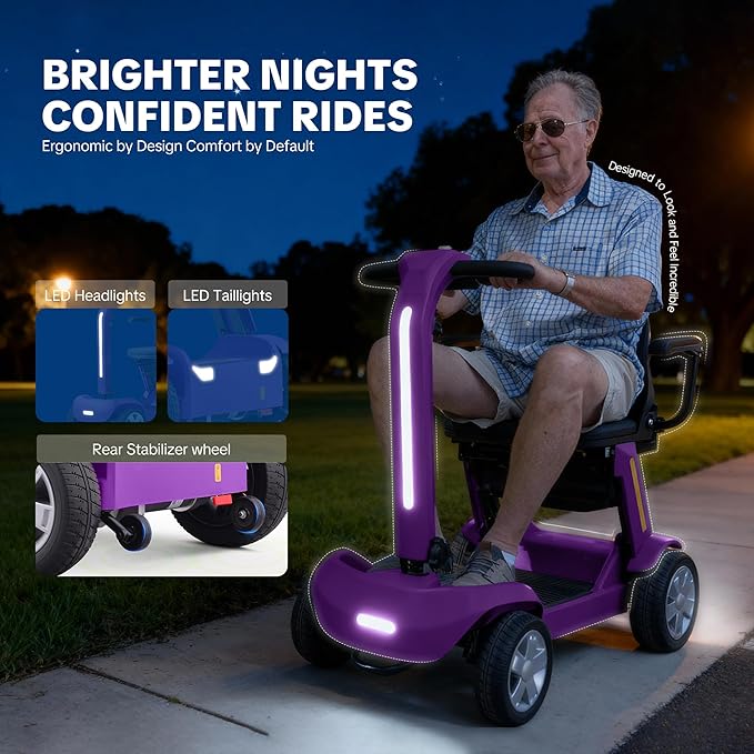 Foldable Mobility Scooter for Adults & Senior, 4 Wheels Powered Device for Travel, Lightweight and Portable, with LED Strip Light, Storage Bag, Charger Included, No Assemble Required (Purple)
