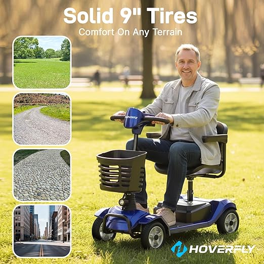 Hoverfly T4 Mobility Scooter for Seniors, Max 12.4-Mile Range & 3.7 mph, 3-Position Seat & Anti-slip Rear Wheel, Removed Battery&Quick Fold Design, Solid 9" Tire&330 lb Capacity, Ease of Assembly Blue